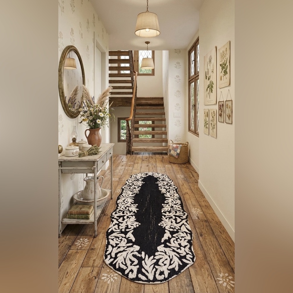 Anthropologie Boho Vintage Style Navy Blue & White Floral Border Runner Bath Rug